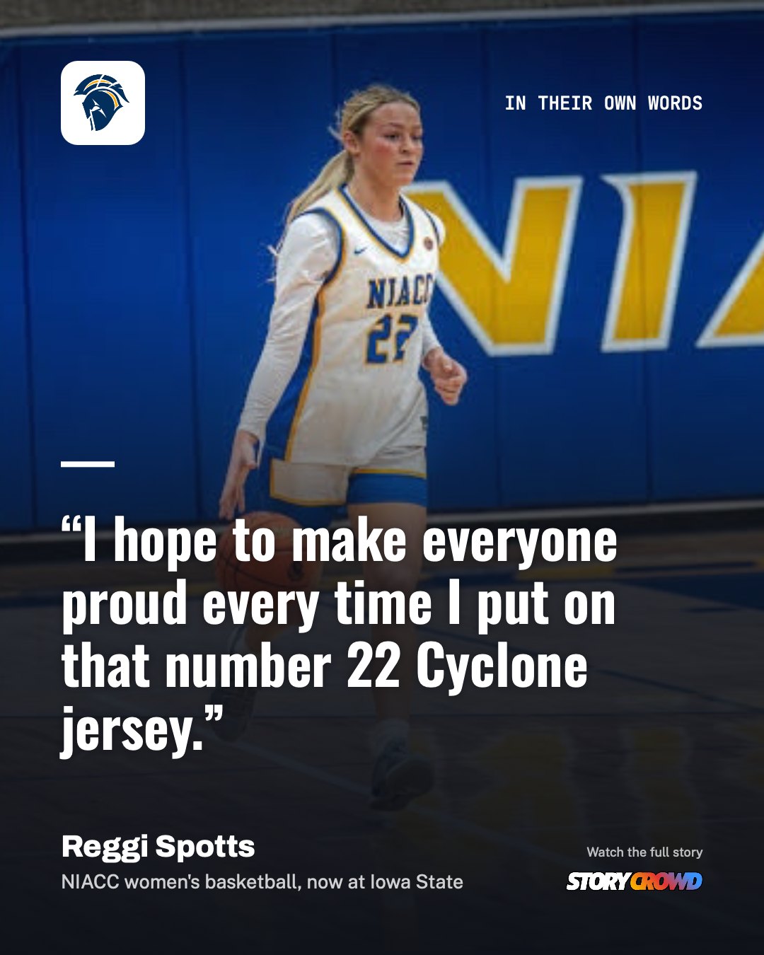 Studio graphic: Reggi Spotts, NIACC women's basketball, with a quote from her story