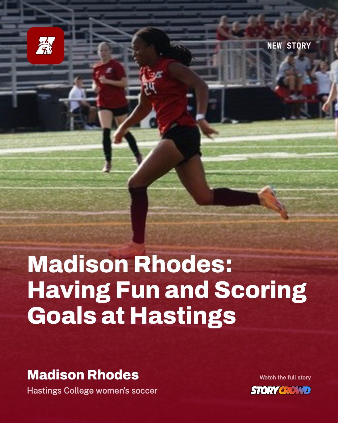 Studio graphic: Madison Rhodes, Hastings College women's soccer, new story launch